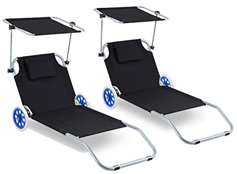 Ansobea 2X Sonnenliege klappbar mit Rollen,Aluminium Sonnenliege mit Sonnendach und Rückenlehne Verstellbar für Camping Freizeit Garten Strand (schwarz)