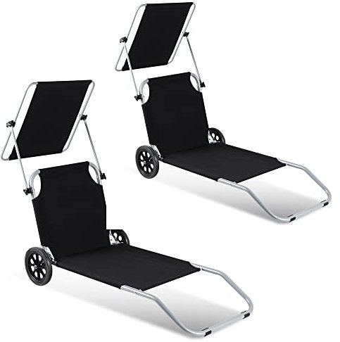 Yakimz Sonnenliege Liegestuhl, 2X Gartenliege Strandliege Klappbar mit Sonnenschutz 2 Rädern, Campingliege Faltbar Kippliege, Rollen Strandliege Verstellbare Rückenlehne, Schwarz