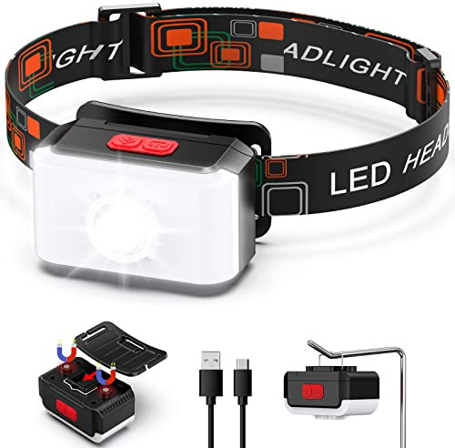 Lsnisni Linterna Frontal LED USB Recargable, 2000 Lúmenes Linterna Cabeza Superbrillante con Gancho e Imanes, Placa Posterior Extraíble, 6 Modos, IPX5 Impermeable para Camping, Trabajo, Pesca