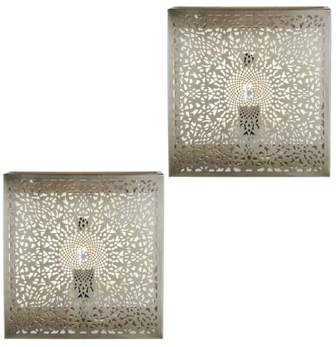 Wandleuchten Yakin im Orient-Stil aus Metall, 2er-Set, in Silber 27 cm | Zwei silberne Yakin-Wandleuchten mit fein perforiertem Metall: Handarbeit und traditionelle Muster für modernes Interieur.