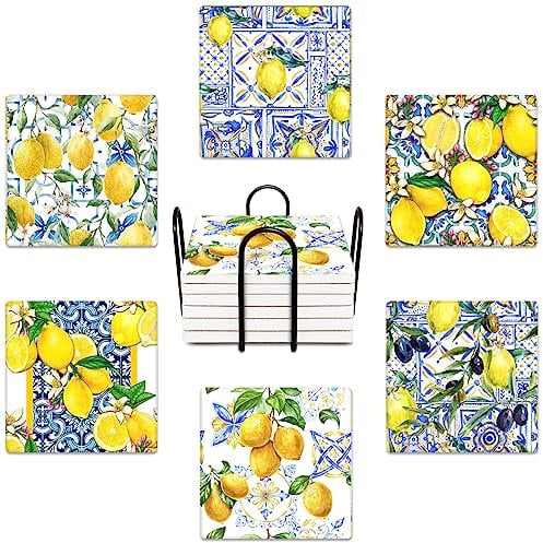 Bribay Untersetzer für Getränke, 6 Stück, gelbe Zitrone, Obst, blaue Keramikfliesen, Muster, saugfähig, quadratisch, Keramik-Steinmatte, mit Korkboden und Metallhalter, Geschenk für Einweihungszimmer,