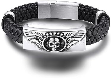 Gothic Bracelets for Boys, Punk Skull Skeleton Biker Bangle Bracelet Leather Cord - 19cm, Waterproof Durable Braided Rope Bracelets for Him