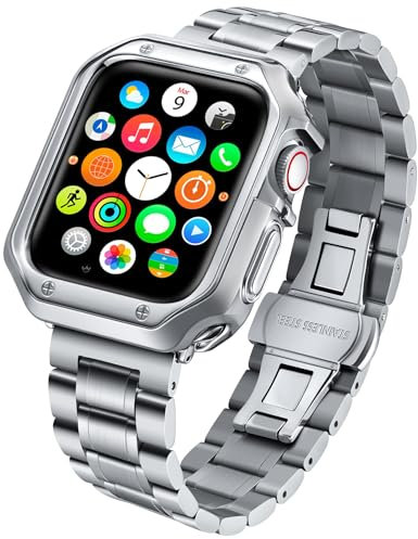 BINLUN Compatible with Apple Watch Straps Stainless Steel with Protective Case 45mm 44mm 42mm Metal Watch Strap & Soft TPU Case for iWatch Bracelet(Silver,Silver TPU Case)