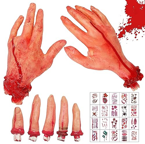 7 Stück Halloween Blut Requisiten, Gefälschter Daumen Finger Simuliert, Abgetrennte Finger, Haunted House Party Supplies mit 20 Halloween Tattoos, Gebrochene Körperteile für Spukhaus Zombie Party Deko
