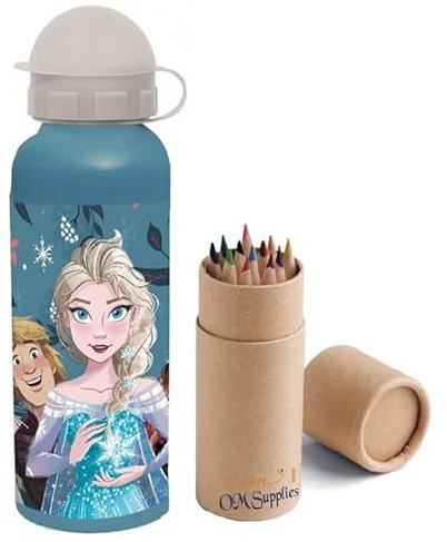 OM SUPPLIES Frozen Characters Aluminium Sports Bottle 520ml - Holiday, Back to School Water Drinking Kids Lunch Children Includes Half Size 12pcs (Frozen)