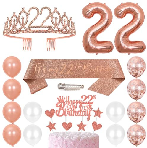 22. Geburtstags Krone Schärpe Frauen Kristall Queen Tiara Princess Crown 22 Jahre Geburtstag Tortendeko Helium Foil Ballons Roségold Luftballon Zahl 22 Geburtstagsdeko für Damen Party Dekorations