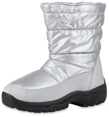 VAN HILL Damen Winter Boots Blockabsatz Metallic Bequem Schuhe 214127 Silber 37