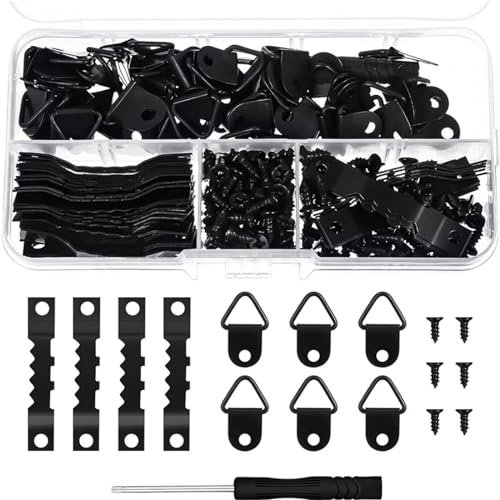 251 Pezzi Ganci per Quadri Muro Nero,Ganci per Quadri Muro,Appendi Quadri Ganci con Viti di Fissaggio,50 x Ganci a D,50 x Ganci Seghettato,150 x Viti e 1 x Cacciavite,Per Casa,Foto,Pittura