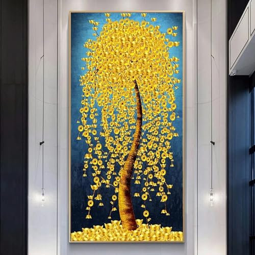 HOLEILUCK Abstraktes goldenes, reiches Baum-Geldbaum-Bild auf Leinwand, Poster, moderne Landschaft, große Wandkunst für Wohnzimmer, Heimdekoration, 45 x 90 cm, Kunstdrucke, ungerahmt