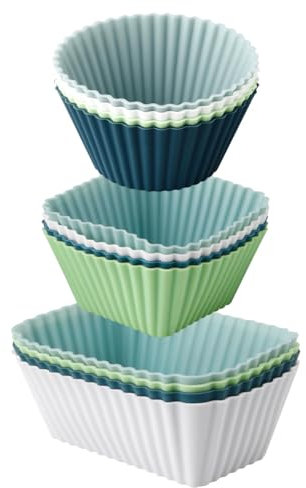 GLADFRESIT 12Pcs Silicone Cupcake Mould Set, Non Stick Cups Square Rectangle Round Muffin Cake Moulds Food Grade Air Fryer Liners for Jelly Desserts Cakes Bread Treats(Green)