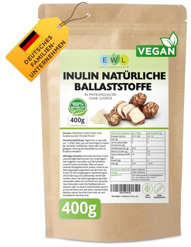 EWL Naturprodukte Inulina 400 g, Inulina en Polvo procedente de la Raíz de Achicoria, Fibra Dietética en Polvo, controlada y envasada en Alemania, Calidad certificada por Laboratorio