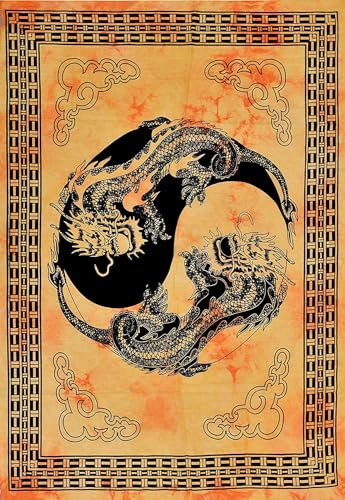 Wandteppich mit Drachen-Yin-Yang-Motiv, indischer Wandbehang, indische Baumwolle, handgefertigtes Poster, Größe S, 102 x 76 cm, Wanddekoration, Bohemian-Hippie-Kunst, Schlafzimmer-Dekor (Gelb,