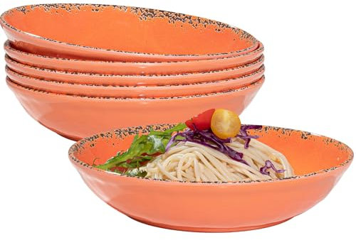 ZAROCRUS Farmhouse Melamine Pasta Bowls set, 42 OZ Large Fruit Bowls, Lightweight and Unbreakable Salad Serving Bowls Set of 6, 9.25 inch Wide and Shallow Dinner Bowls,Dishwasher Safe,Orange…