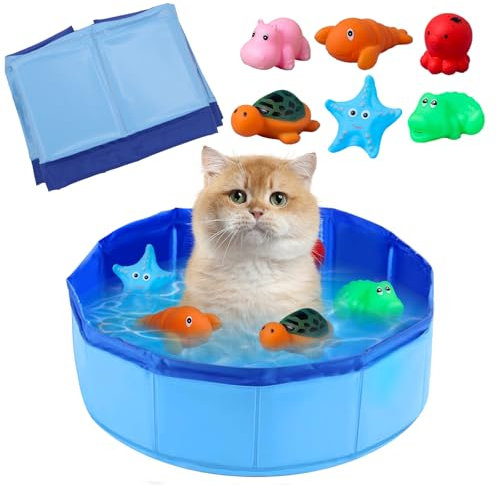 Cat Small Paddling Pool with Fish, Portable Cat Pool Swimming with 6Pcs Cat Toys, Foldable Cat Bath Dog Paddling Pool with Interactive Cat Toy Fish