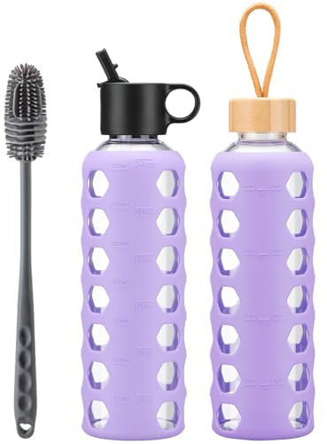 BLUEGO Botellas de cristal, 700 ml Vaso de cristal, botellas para beber con 2 tapas, botella de agua deportiva con funda de silicona, a prueba de fugas, morado