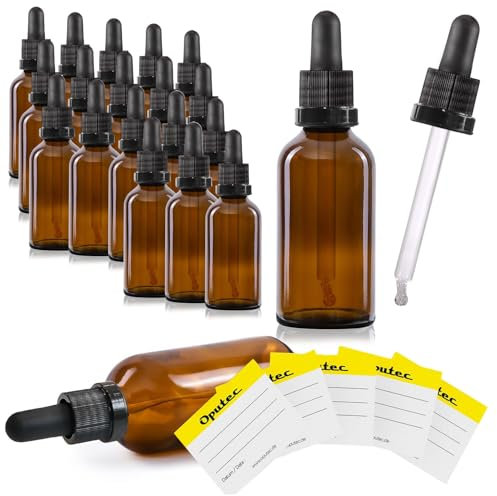 Oputec 20 x 50ml Pipettenflasche aus Braunglas mit Glaspipette + 20 Etiketten – Apothekerflasche für Aromatherapie, Kosmetik, Tropfflasche lichtgeschützt, für pharmazeutische Anwendungen und Labor