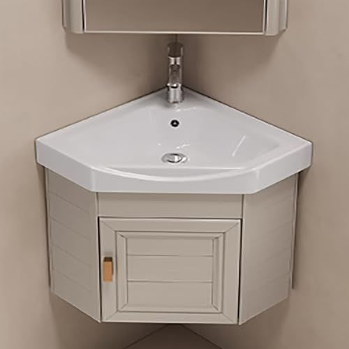 GSATREY Corner Bathroom Vanity Sink Combo for Small Space, Wall Mounted Cabinet Set Design, Utility Washing Hand Basin Design, with Sink on Top, Hot and Cold Faucet, for Bathroom(Beige,38cm/15in)