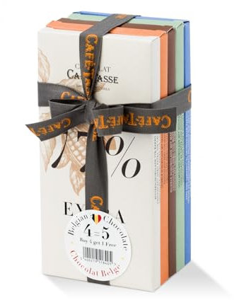 Café-Tasse Assortiment de 5 Tablettes de Chocolat Belge - Noir 77%, Noir Orange, Noir Amandes, Lait Caramel Salé, Lait Nougat - 425g