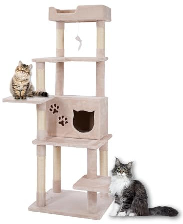 Ultiness® Kratzbaum Ginny 55 x 50 x 155 cm für Katzen, platzsparend, Katzenmöbel mit Kuschelhöhle im Katzendesign, Sisal-Kratzflächen, Spielmaus, 5 Ebenen - Kletterbaum, Katzenbaum stabil, beige