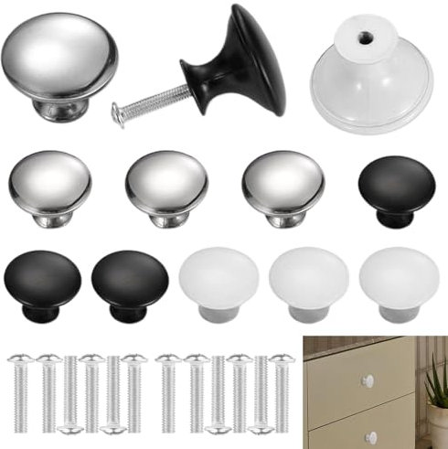 Lot de 12 boutons de meuble noirs - Boutons de tiroir - Boutons de porte avec vis - Boutons de porte vintage pour armoires - Boutons pour armoire - Noir, argent, blanc