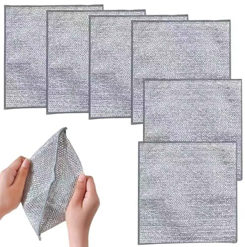 6 PCS Double Layer Wire Dishwashing Cloth Multipurpose Non Scratch Steel Wire Cleaning Cloth 20x20 cm Two Layer Reusable Metal Wire Washing Dishcloth Rag Towel for Kitchen Dish Sink Stove Top