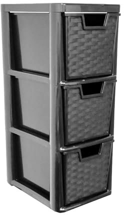 ALEEZ - 3 Drawer Plastic Storage Unit - Space Saving Multipurpose Medium Drawers - Rattan Design Home Office Storage Durable Draws - Tabletop, Desktop Drawers - 48cm (H) x 19cm (W) x 25cm (D)