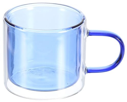sourcing map 8.4 oz Double Wall Glass Coffee Mugs, Glass Tea Cup with Widened Handles for Espresso Coffee, Cappuccino, Tea Bag, Latte, Hot Cold Beverages, Juice, Blue