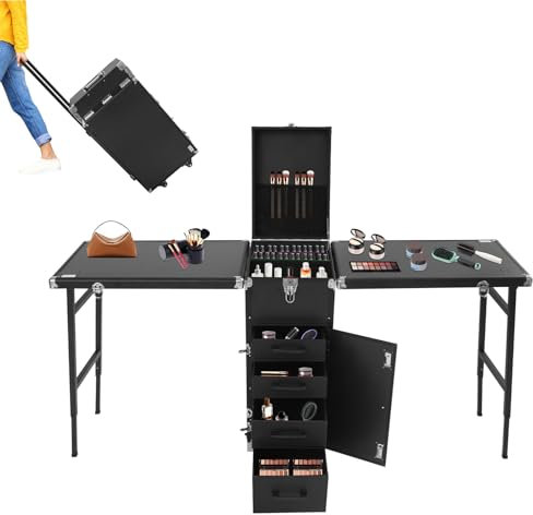 Fridgestea Portable Double-Sided Nail Table & Makeup Case - Professional Mobile Beauty Station with Adjustable Handle, 4 Locking Wheels, 100kg Load Capacity, Foldable Desktop for 4 People (Black)