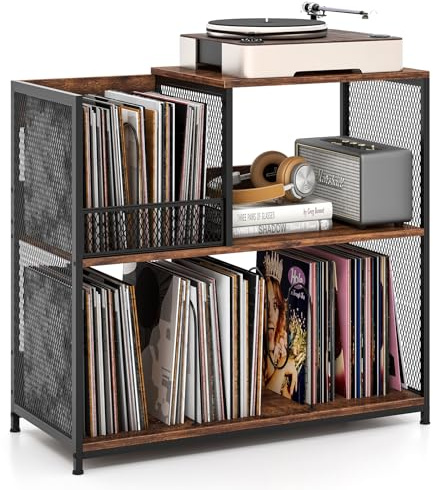 COSTWAY Supporto per Giradischi a 3 Ripiani, Fino a 300 Album, Porta Giradischi Vinili con 3 Separatori Rimovibili e Struttura in Metallo, Mensola di Archiviazione, 83x36x76,5 cm (Marrone)
