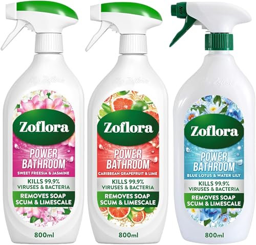 Zoflora Power Bathroom Cleaner - Sweet Freesia & Jasmine, Caribbean Grapefruit & Lime & Blue Lotus & Water Lily 800ml - one of each