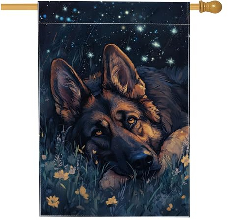 Deutscher Schäferhund der Sternennacht Garten Flagge, Blau Gelb Blumen Deko Banner Outdoor Doppelseitiges Design, Hofflagge Frühling Sommer Rasen Dekoration 71 x