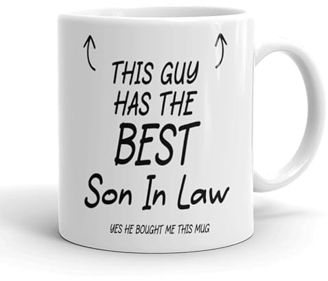 VIROSA Funny Son-in-Law Mug – “This Guy Has The Best Son-in-Law… Yes, He Bought Him This Mug” – 11oz Ceramic Coffee Cup – Gift from Father-in-Law or Mother-in-Law
