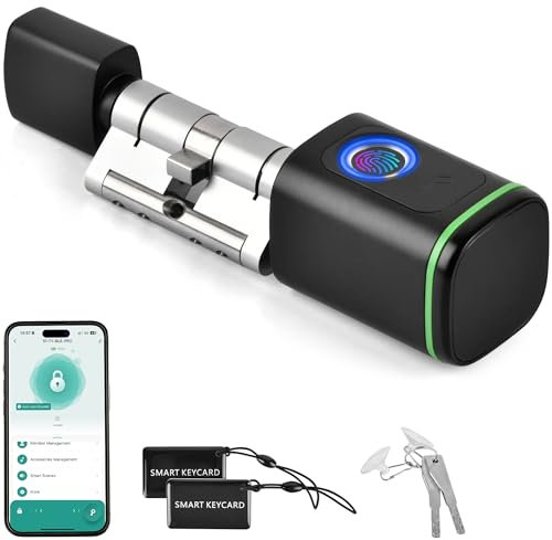 Türschloss Fingerabdruck, Elektronisches Türschloss Haustür mit Fingerprint, App, RFID-Karten & Schlüssel, Wasserdichtes Fingerabdruck Schloss, EU-Standardzylinder für Türen von 60mm