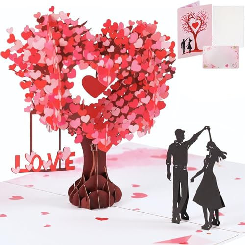 Pop Up Karte Liebesbaum, 3D Valentinstag Glückwunschkarte mit Umschlag, Romantische Geburtstagskarte Hochzeitsgeschenk Verlobungsgeschenk, Hochzeitskarte für Hochzeitstag Geburtstag Jahrestag (Rot)