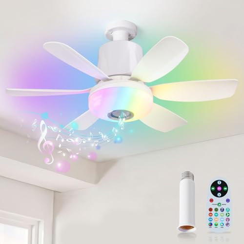 VIMAZ 32w Ceiling Fans with Lights and Remote, 2025 New RGB Colours Music Player E27 Socket Dimmable Ceiling Fan with 3 Speeds, 6 Blades and Remote Control Support for Home Living Room (White)
