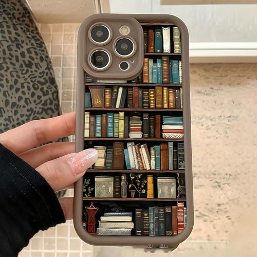 Generisch Cartoon Bookshelf Phone Case, Cartoon Bookshelf Pattern TPU Phone Case for iPhone 16 15 14 Pro Max 13 12 11 XR XS Plus Shockproof (for iPhone 11,Brown)