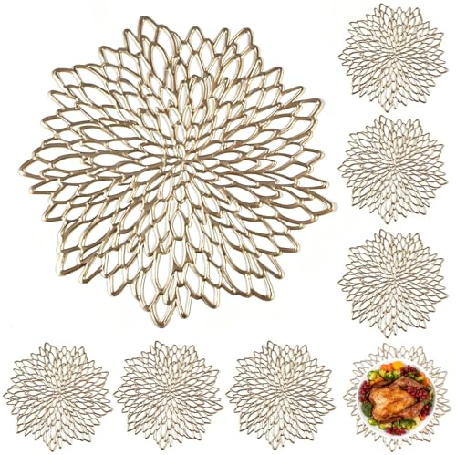 Errshing 8 Stück Gold Platzset Weihnachten, Abwaschbar Tischset Gold PVC Platzdeckchen Rund Goldene Platzsets für Weihnachten Hochzeit Party Küche Hotel