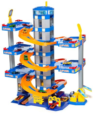 MOLTO Spielzeugparkplatz, 6 Pflanzen, blau, Kindergarage mit Rampen, Aufzug und 10 Autos – Fantasie- und Motorik-Spiel für Kinder ab 3 Jahren
