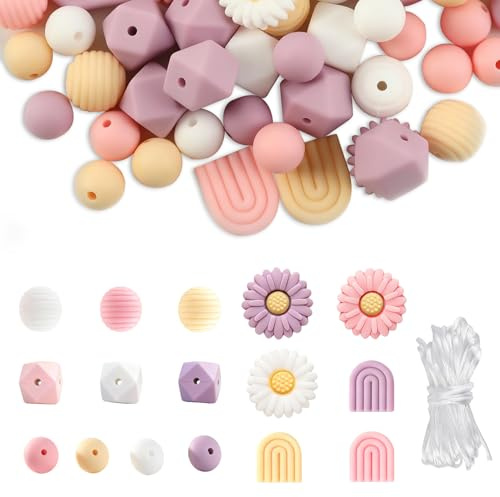 76pcs Daisy Silicone Beads with Nylon Rope - Round Flower Shape Loose Beads for DIY Keychain, Bracelets, Necklace & Jewelry Making Crafts