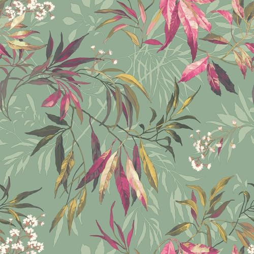 Belgravia Décor Kanata Leaf Bold Tropical Oriental Wallpaper Ideal for Feature Walls or Living Rooms, Powder Room Wallcovering in Sage Green 2341