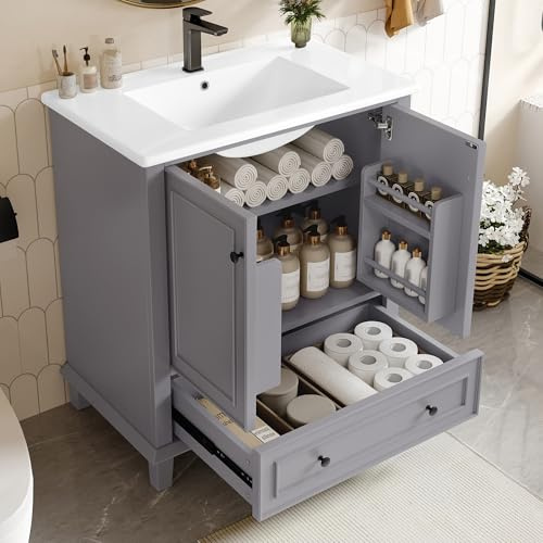 Ligterra Waschbeckenunterschrank, Keramik Waschbecken mit Unterschrank, Waschtisch mit Unterschrank, Beine aus Massivholz, Volllackierung, Feuchtigkeits und Wasserdicht, Großer Stauraum(Grau)