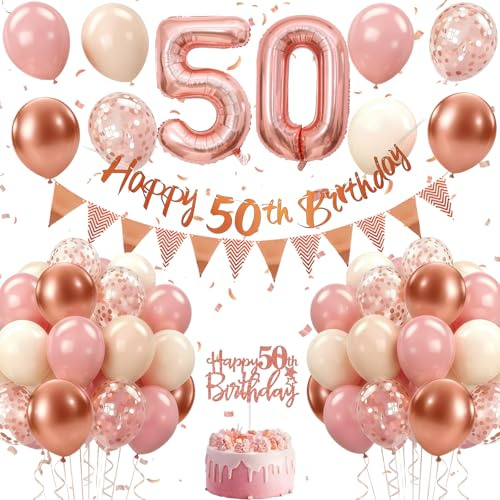 50. Geburtstag Deko Roségold, Luftballon Deko 50. Geburtstag für Jungen und Mädchen, Rosé gold Vintage-Rosa Rose-gold-Pailletten Luftballons Girlande mit Tortendeko für Geburtstagsdeko 50 Jahr