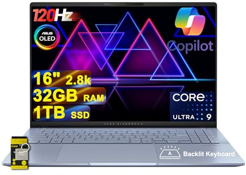 ASUS Vivobook S16 AI PC Laptop 16 2.8k OLED 120Hz (600nits, 100% DCI-P3) Intel 16-core Ultra 9 285H 32GB RAM 1TB SSD Backlit for Creator Designer Business Professional Win11 ICP Hub/Copilot+ AI