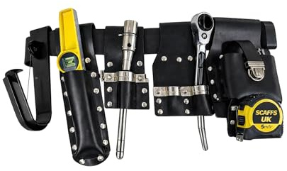 Scaffs UK Professional Scaffolder Leather Tool Belt Kit – Complete 9 Piece Set with Ratchet, Spanner, Tape Measure & Holders – Heavy Duty Work Belt for Construction & Scaffolding