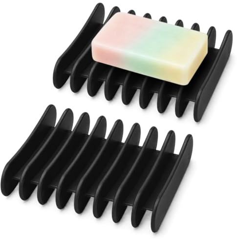 Langerspur Silicone Soap Dish 2 Pack Bar Soap Holder Self Draining Soap Tray Dishes for Bathroom Shower Kitchen Sink Travel (Black)