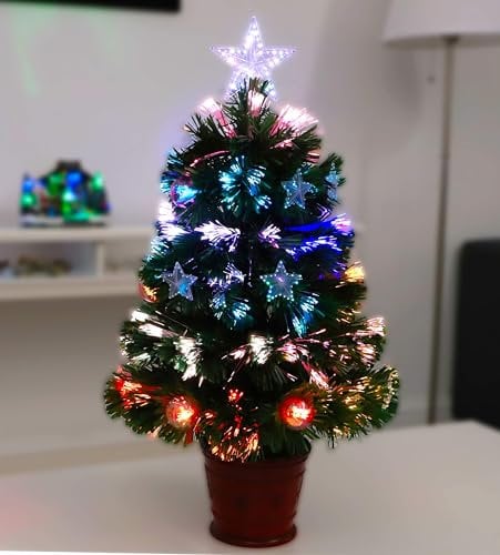 Christmas Concepts® Árbol de Navidad Artificial de Fibra Óptica Verde de 2FT con Estrellas y Chucherías y Base Roja