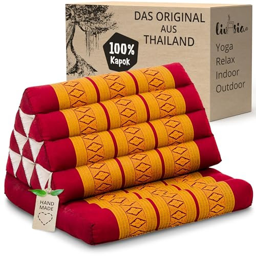 livasia Thaikissen mit 1 Auflage - 75x50x8cm - Dreieckskissen mit Sitzkissen, Keilkissen mit Kapok, Rückenkissen faltbar, Thaimatte zum Klappen, handgefertigt, Meditationskissen (Rot/Gelb)