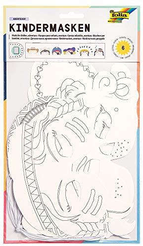folia 23219 - Kindermasken Abenteuer, aus Pappe, Motive sortiert, 6 Stück, weiß, zum selbst Bemalen und Gestalten, für Kinder, Jungen und Mädchen, ideal für Kindergeburtstage und Partys