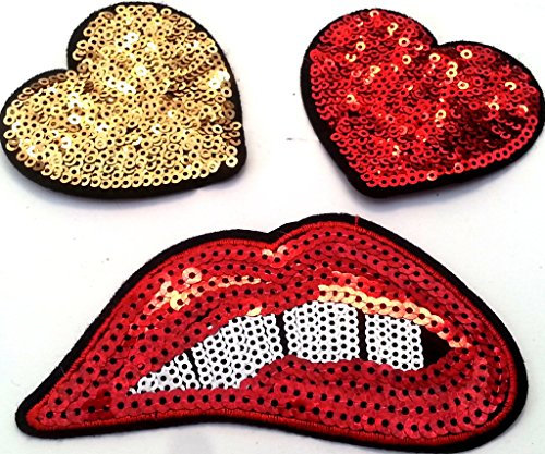 B2SEE Strass Glitzer Herzen Aufnäher Aufbügler Bügelbilder Set Iron on Patches Applikation mit Pailletten Glitzer für Kleider Frauen zum aufbügeln 3 STK Kußmund 11 x 5,5 cm + 2 Herzen je 7 cm