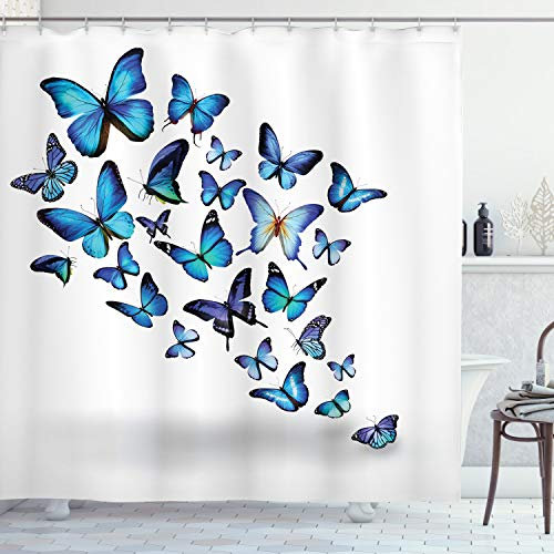 ABAKUHAUS Schmetterling Duschvorhang, Natur Botanischer Frühling, Stoffliches Gewebe Badezimmerdekorationsset mit Haken, 175 x 220 cm, Blue Sky Blau Schwarz